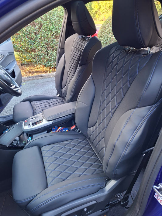 Front black artificial Nappa leather seat covers with blue diamond stitching in BMW X1 2022