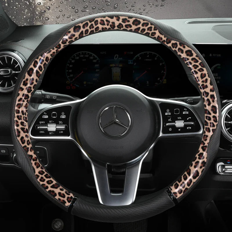 38 cm Universal Leather Steering Wheel Cover – Leopard Print, Anti-Slip