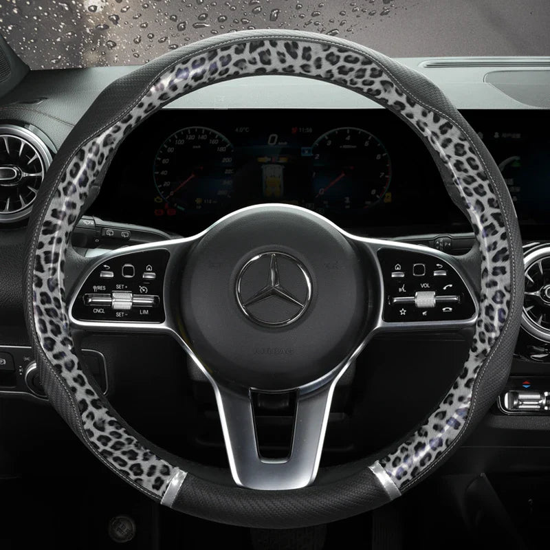 38 cm Universal Leather Steering Wheel Cover – Leopard Print, Anti-Slip